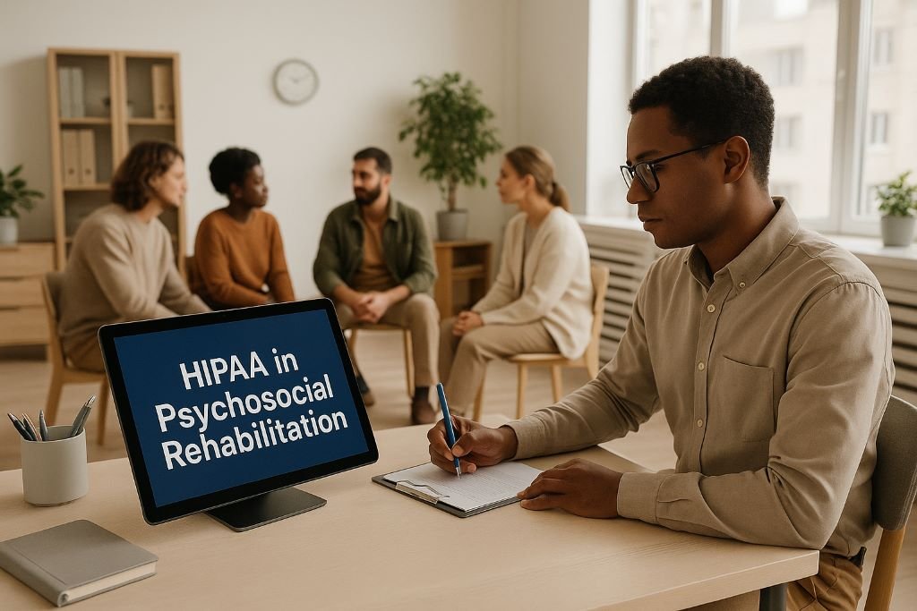Terapeuta en clínica de rehabilitación psicosocial revisando notas de pacientes en tableta con “HIPAA” en pantalla y sesión grupal al fondo.