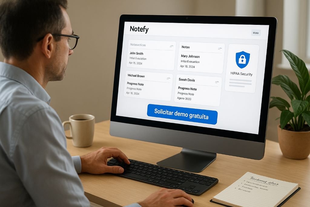 Terapeuta sentado frente a un ordenador usando la interfaz de Notefy con botón “Solicitar demo gratuita”, tarjetas de notas clínicas organizadas, icono de candado que simboliza seguridad HIPAA, acompañado de una taza de café, un bloc de notas y una planta de interior en un ambiente iluminado naturalmente.