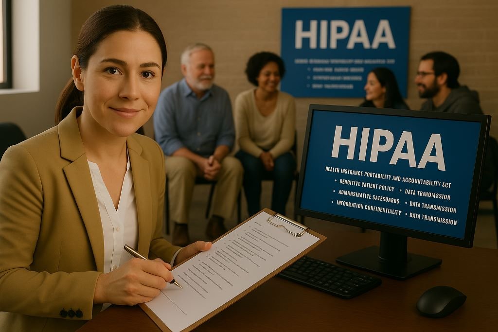 Therapist in psychosocial rehabilitation clinic reviewing patient notes on a tablet displaying “HIPAA in Psychosocial Rehabilitation” with group therapy session behind.