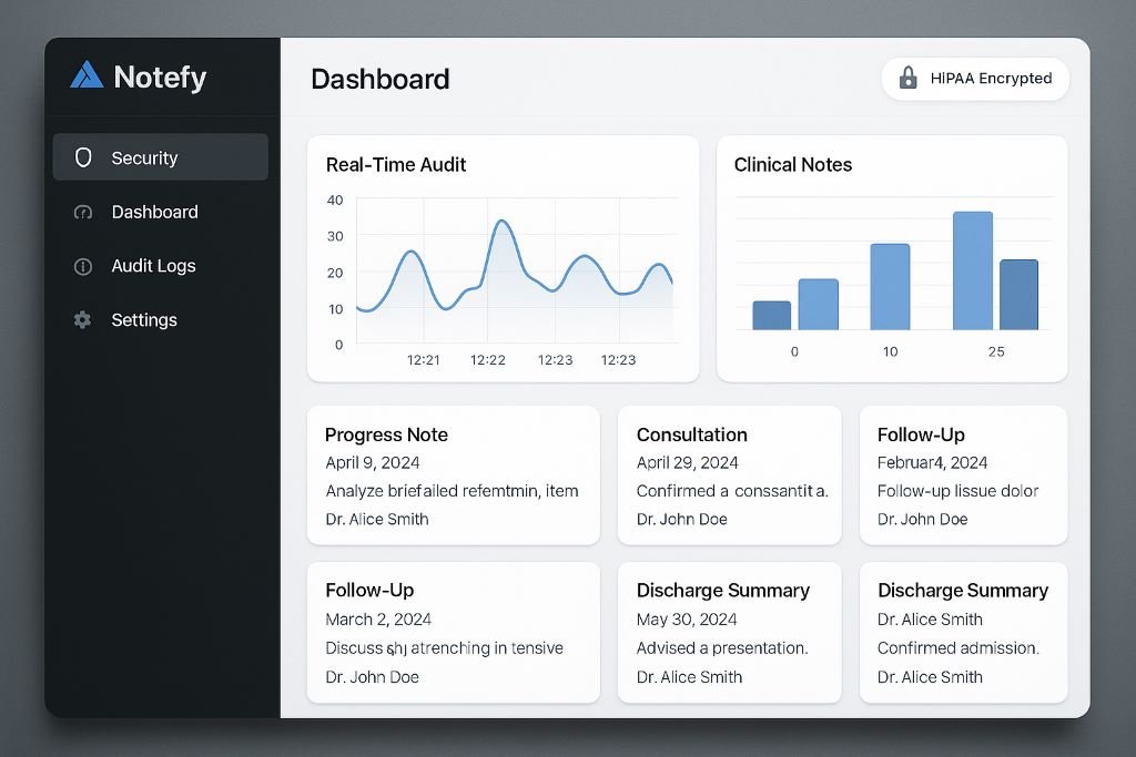 Clinician reviewing Notefy dashboard with a HIPAA shield icon, audit graphs, and organized clinical note cards.